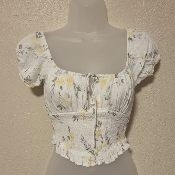 Hollister Baby Doll Y2k Floral Cropped Ruffle Short Sleeve Top Blouse Women's XS - Picture 2 of 6